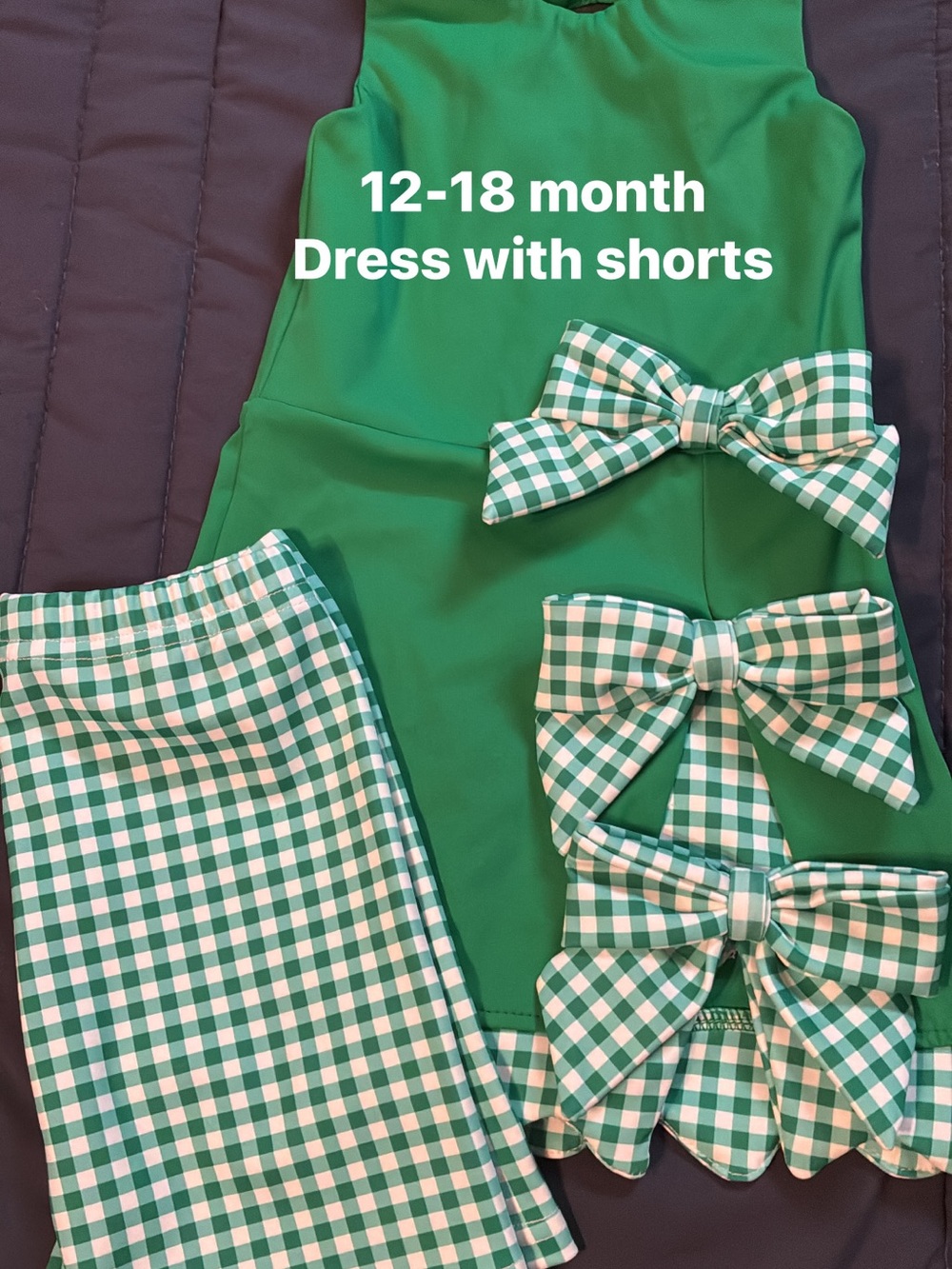 Green Gingham Bow Dress with Matching Shorts Set